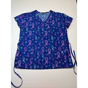 Wear For Care Pink and White Breast Cancer Awareness Scrub Top Size Medium